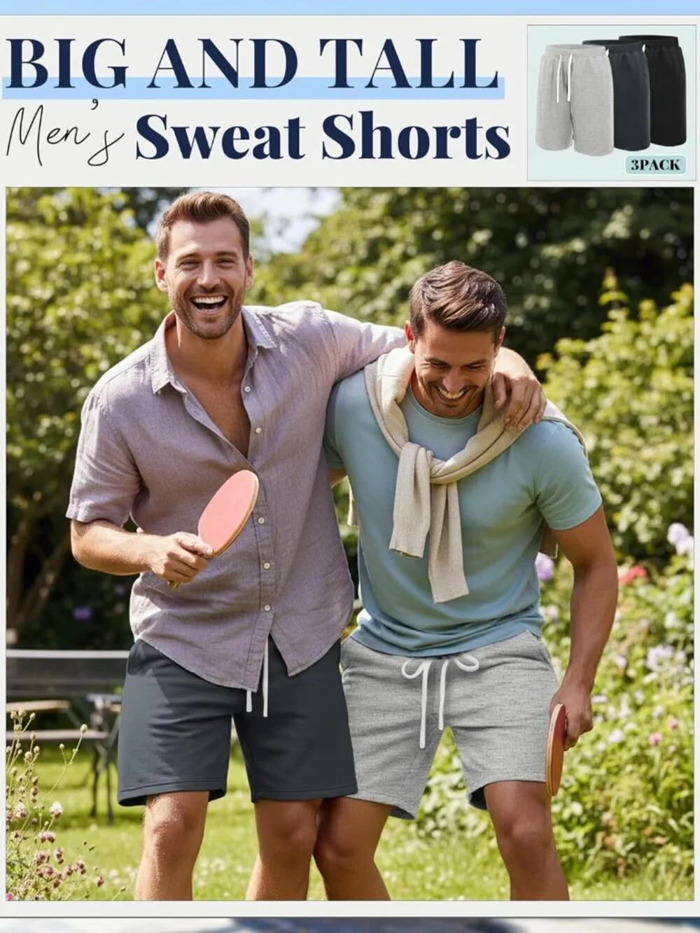 3 Pack Big and Tall Men's Sweat Shorts 9'' Plus Size Bermuda Drawstring Elastic - Picture 2 of 5